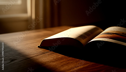 Open slightly worn paperback novel on wooden table by window with natural light