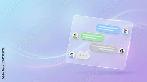 Modern 3D Glassmorphism Chat Interface Illustration for Mobile Communication Social Network and Customer Support Services Featuring Transparent Message Bubbles and User Avatars on Gradient.