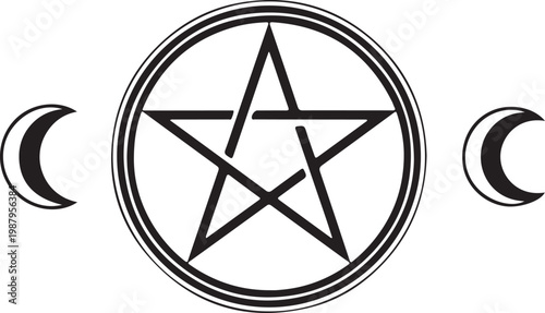 Wiccan pentagram symbol, occult circle icon, moon phases, mystical graphic