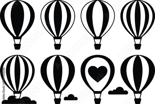 Collection of hot air balloon icons vector illustration black and white transport adventure recreation collection illustration silhouette