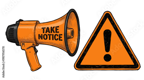 Warning signs, caution icons, megaphone alert, attention signals, vector graphics