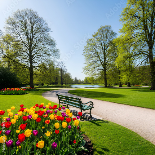 Beautiful park scene with colorful flowers bench and trees under blue sky.