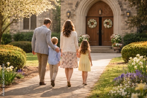 Happy family walking toward church on sunny spring day in garden with blooming flowers