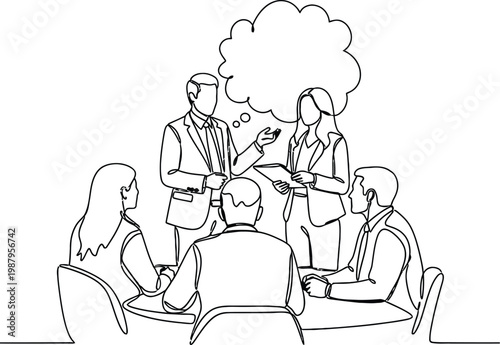 A business meeting in progress featuring a presenter and attentive colleagues