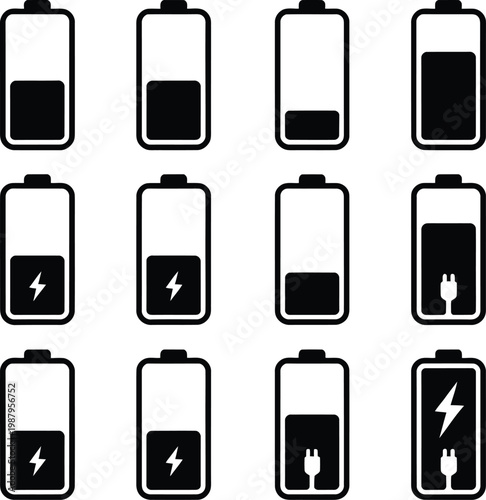 Battery charge level indicators vector illustration black and white electricity indicator collection illustration silhouette technology