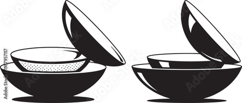 Two stacked bowls and a saucer simple graphic illustration line art black and white set of group of container kitchenware tableware collection arrangement isolated illustration domestic