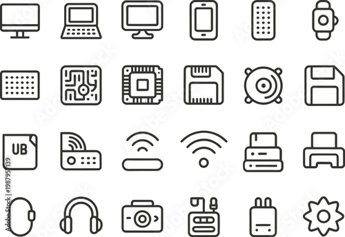 Collection of black and white hand-drawn technology icons with remote control circuit board floppy disk hard drive usb drive audio recorder