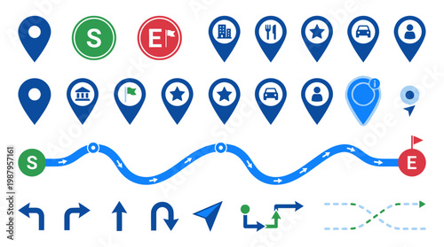 Navigation icons, map markers, route arrows, GPS symbols, blue and green vector graphics
