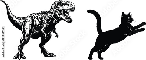 Tyrannosaurus Rex dinosaur and jumping black cat silhouette collection, prehistoric predator, domestic feline, ancient wildlife, pet movement, nature, history, and art.