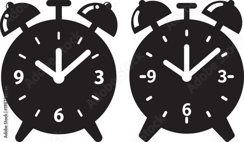 Black silhouette icons of two classic alarm clocks set at approximately ten past ten o'clock time with wake up deadline schedule punctual timepiece reminder pictogram illustration silhouette