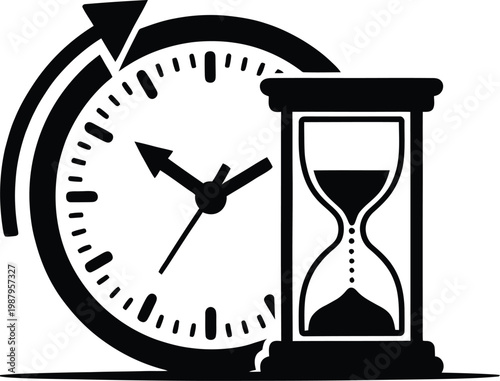 Black and white illustration of a clock and an hourglass symbolizing time with sand timer passage of time hourglass illustration countdown