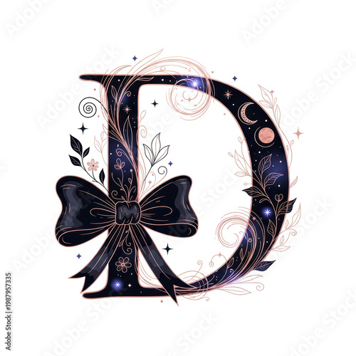 Celestial initial D decorated with bow stars and moon