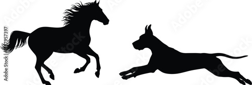 Running horse and dog silhouette collection, wild animal speed, equestrian and canine movement, nature, farm, domestic pet, stallion, hound, and hunting.