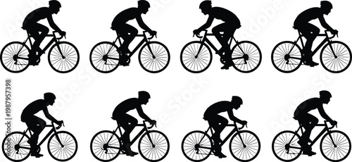 Cyclist bicycle rider silhouette collection, professional road bike racing, outdoor exercise, fitness, competition, transportation, endurance, cycling, movement, and sports.