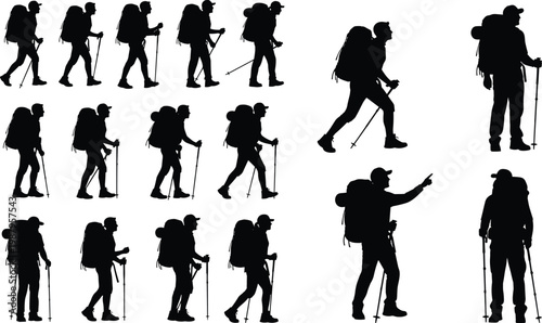 Backpacker hiker man and woman silhouette collection with trekking poles, mountain climbing, trekking, outdoor adventure, tourism, travel, walking, and nature.
