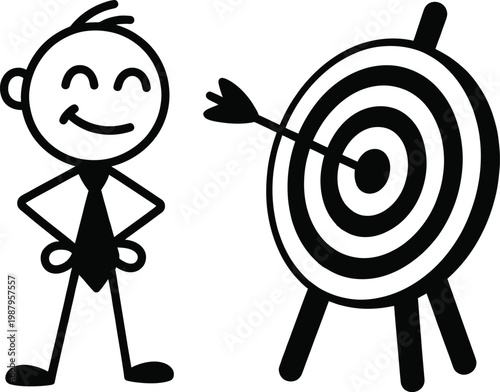 Stick figure successfully hitting a bullseye on a dartboard with dartboard bullseye achievement accuracy illustration business strategy