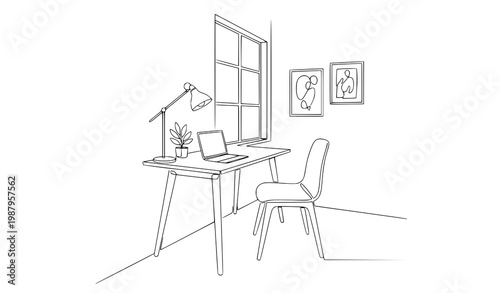 Continuous Line Home Office Side View Workspace Laptop Desk Vector Illustration