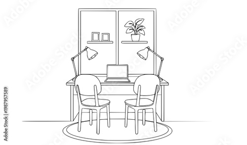 Continuous Line Home Office Interior Desk Laptop and Chair Minimal Linear Vector Illustration