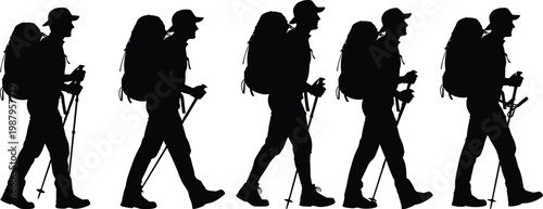 Black silhouette of male hikers with backpacks and trekking poles walking in a row on a white background for hiking.