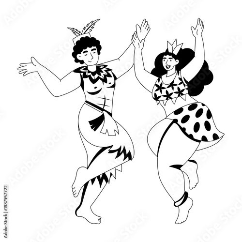 A glyph style illustration showing characters performing festive dance