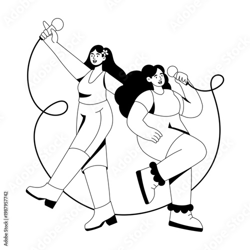 A glyph style illustration depicting characters singing karaoke
