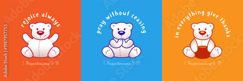 Artistic idea for motivational Bible verse. Social media carousel slider concept. Children's clothing design. Positive bear and creative typography.