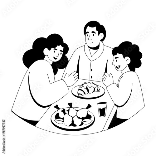 A glyph style illustration depicting characters having family dinner
