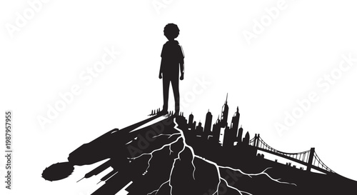 Silhouette cityscape, cracked earth, lone figure standing, urban landscape, black and white vector