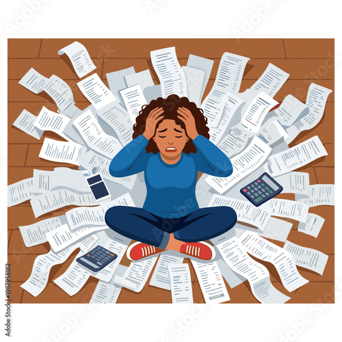 Overwhelmed woman sits amidst scattered paperwork and bills on floor