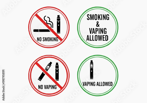 No Smoking and No Vaping Sign Set. Smoking and Vaping Allowed and Prohibited Icons. Vector Illustration.