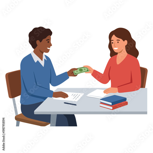 Woman hands cash to man sitting at desk with books and papers