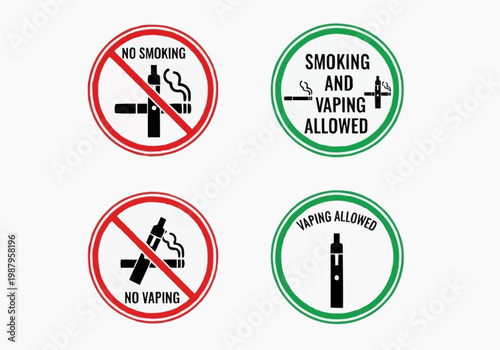 No Smoking and No Vaping Sign Set. Smoking and Vaping Allowed and Prohibited Icons. Vector Illustration.