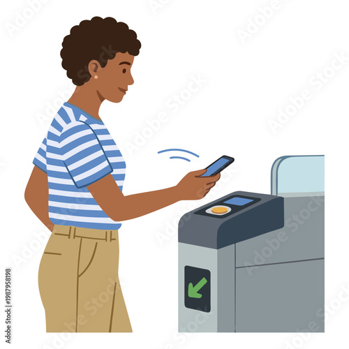 Woman uses smartphone to interact with a ticket machine at a train station.