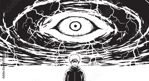Anime, manga, vector illustration, eye, character design, black and white, comic book art, graphic novel style