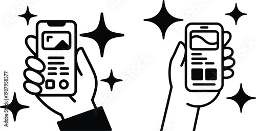 Two hands holding smartphones with different interfaces and sparkling effects social media user interface smartphones technology applications