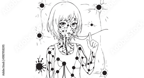 Black and white illustration, zombie girl with polka dots, vector graphic, creepy cartoon character