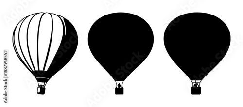 Hot air balloon set with solid black icon on white background featuring travel, adventure, aviation with vector and illustration