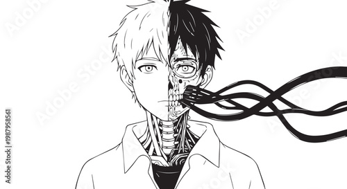 Split personality, dual face, manga illustration, robotic, cybernetic, black and white vector