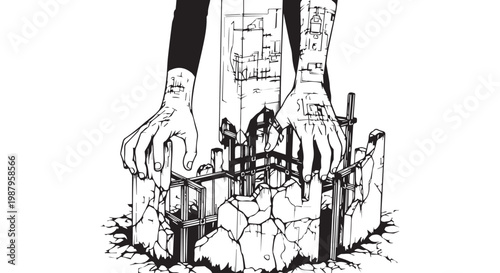Tattooed hands, zombie apocalypse, black and white illustration, horror, undead, vector graphics