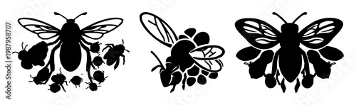 Solid black icon, white background: swarm intelligence bee cluster set with simple line art design featuring line art, illustrations, graphic resources with vector and design elements