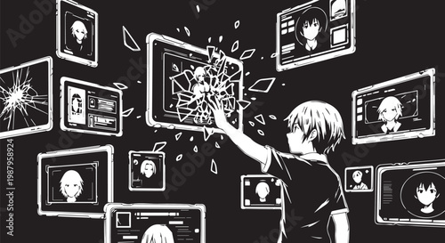 Futuristic boy, touching screen, digital explosion, black and white, vector illustration, technology concept