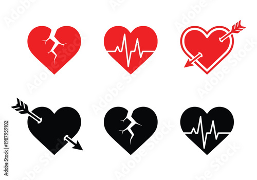Symbolic representations of heartbreak and love using hearts with arrows and medical signs