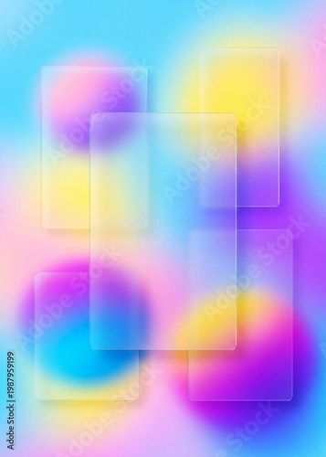 Glassmorphism background with frosted glass frames, colorful mesh gradient with blurred circles, abstract translucent plates for UI design