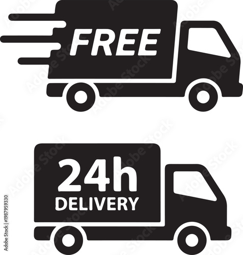 Delivery Truck Vector Icons Set - Free Shipping and 24h Fast Delivery Service Symbols