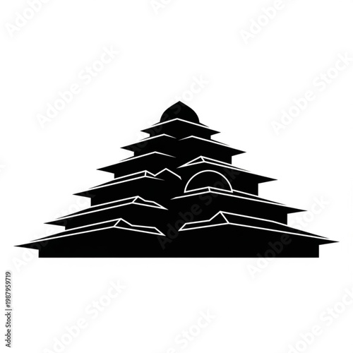 A minimalist black and white vector graphic illustration of a stylized pagoda temple with multiple tiers and a dome on top