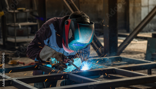 A person welding metal framework in an industrial workshop.