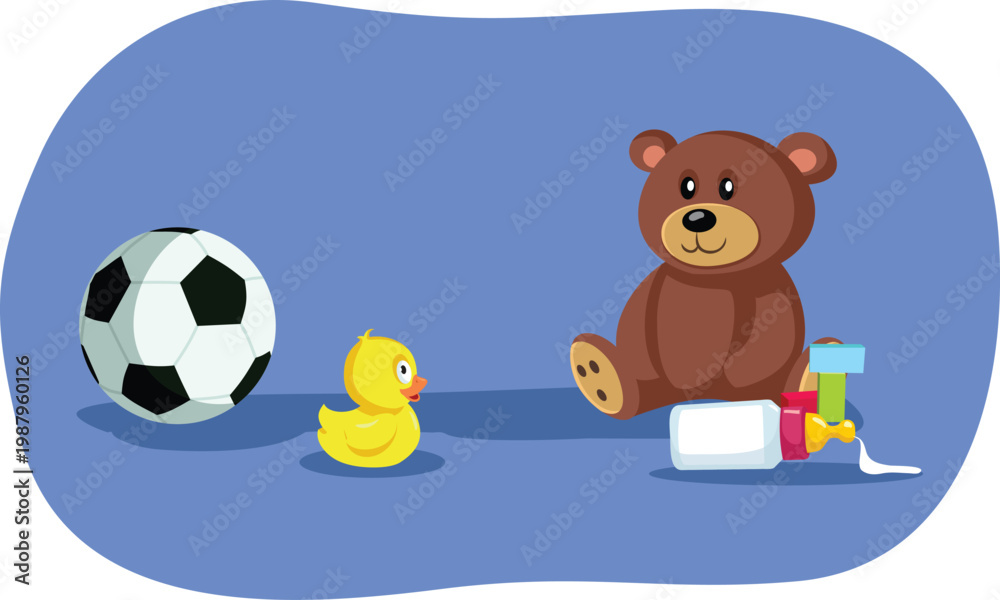 Fototapeta premium Group of Toys for Girls and Boys Vector Illustration. Collection of classical toys and early childhood essentials
