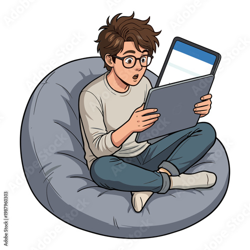 A man sits on a bean bag chair looking surprised while holding a tablet.