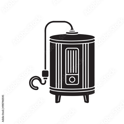 Simple illustration of a black cylindrical water heater with a curved pipe and handle on the side  household appliance