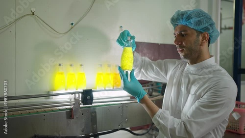 Quality Assurance: A laboratory technician meticulously inspects a bottle of vibrant liquid, symbolizing the rigorous standards and processes of quality control.